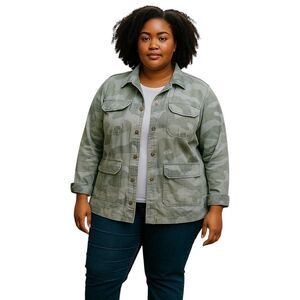 Maurices Jacket Womans 1X Green Camo Button Front Lightweight Cotton Shacket